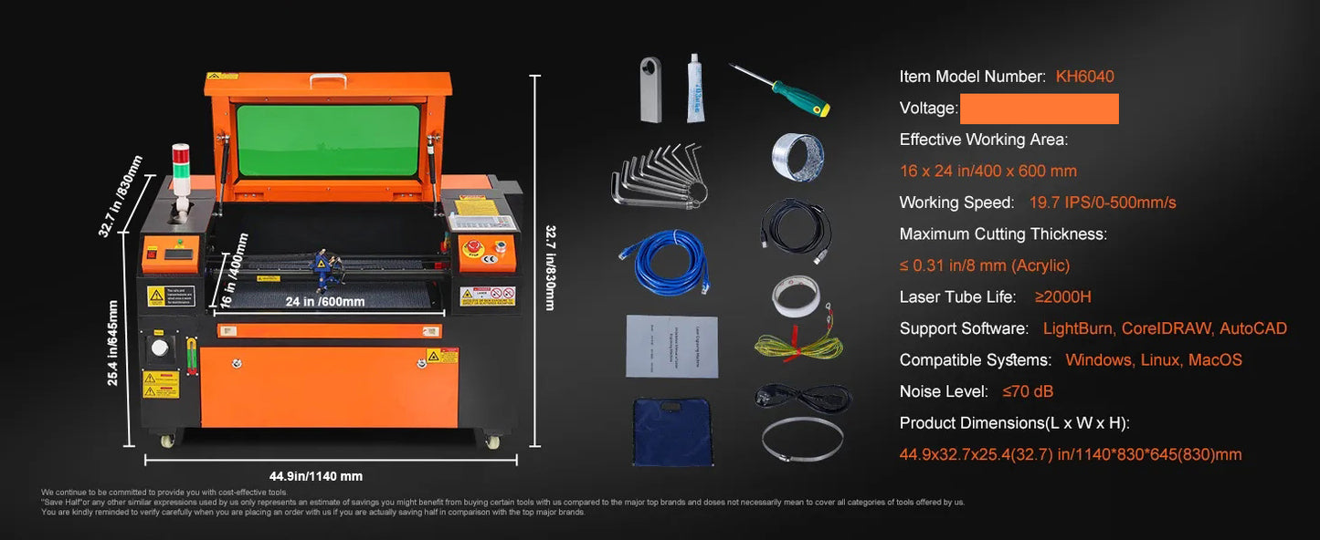 60W CO2 Laser Engraver, 41 x 61 cm(16 x 24 in), 500 mm/s(19.7 IPS) Laser Cutter Machine with 2-Way Pass Air Assist, Compatible with LightBurn, CorelDRAW, AutoCAD, Windows, Mac OS, Linux, for Wood Acrylic Fabric More