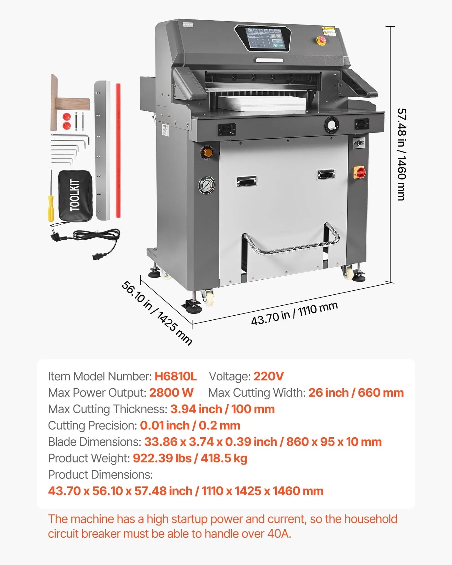 Electric Paper Cutter, Metal Hydraulic Paper Cutter Machine, 660 mm Cutting Width, 100 mm Cutting Thickness, Large Size Electric Guillotine Trimmer with Infrared Function and Spare Blade