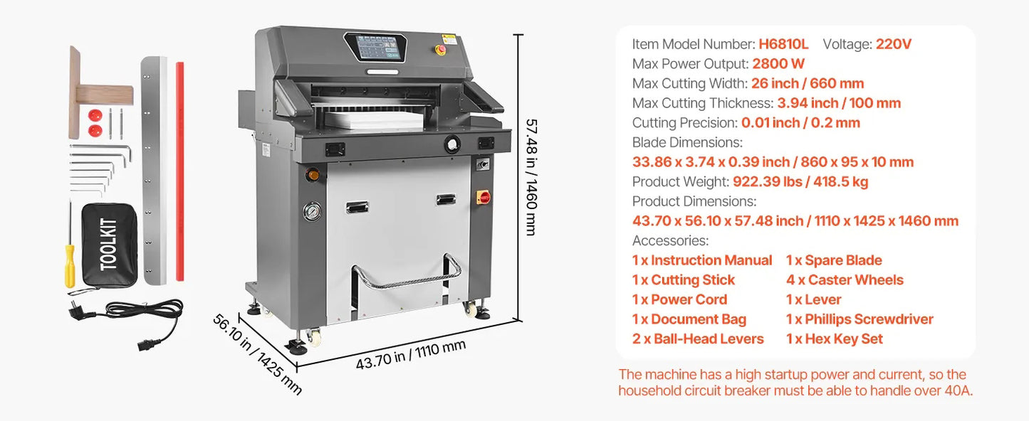 Electric Paper Cutter, Metal Hydraulic Paper Cutter Machine, 660 mm Cutting Width, 100 mm Cutting Thickness, Large Size Electric Guillotine Trimmer with Infrared Function and Spare Blade