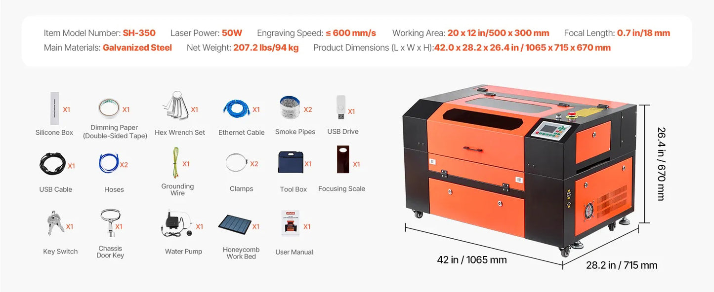 50W CO2 Laser Engraver, 500 x 300 mm, CO2 Laser Engraver Cutter Machine with 4 Way Pass Air Assist, Engraving Cutting Machine, Compatible with LightBurn CorelDRAW RDWorks, for Wood Acrylic Glass