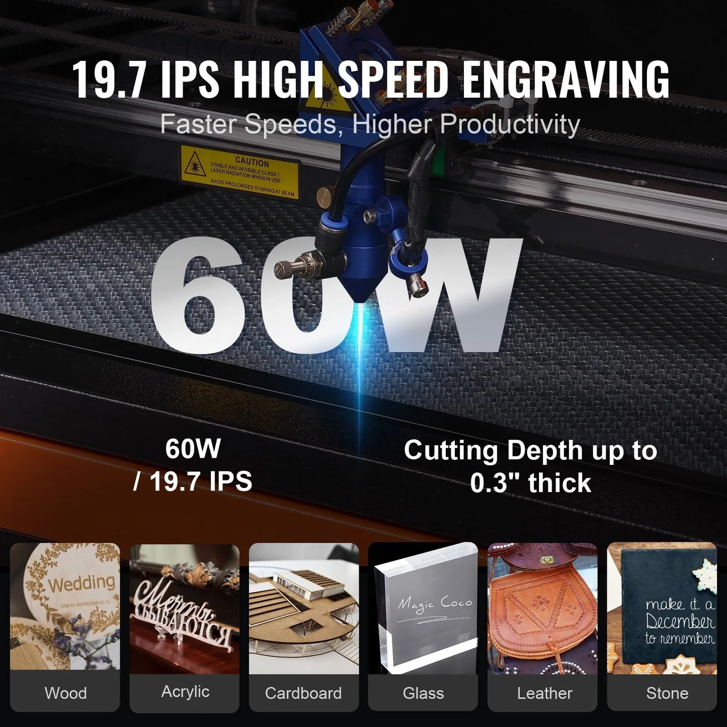60W CO2 Laser Engraver, 41 x 61 cm(16 x 24 in), 500 mm/s(19.7 IPS) Laser Cutter Machine with 2-Way Pass Air Assist, Compatible with LightBurn, CorelDRAW, AutoCAD, Windows, Mac OS, Linux, for Wood Acrylic Fabric More