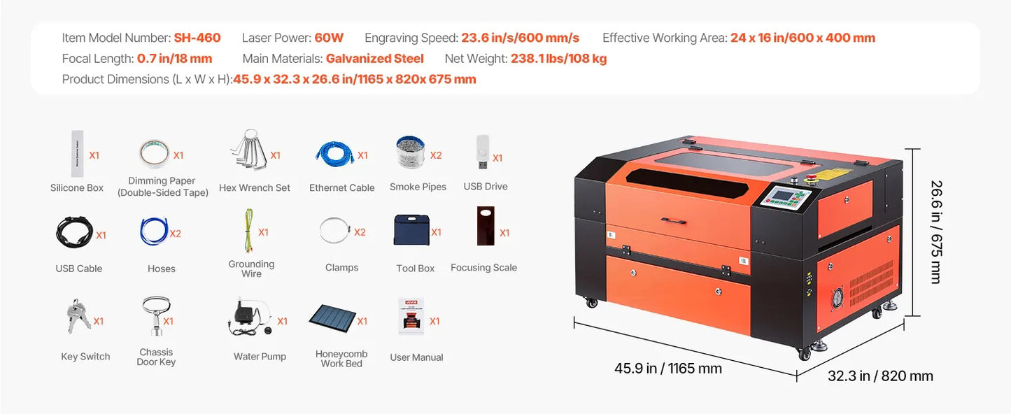 60W CO2 Laser Engraver, 600 x 400 mm, CO2 Laser Engraver Cutter Machine with 4 Way Pass Air Assist, Engraving Cutting Machine, Compatible with LightBurn CorelDRAW RDWorks, for Wood Acrylic Glass
