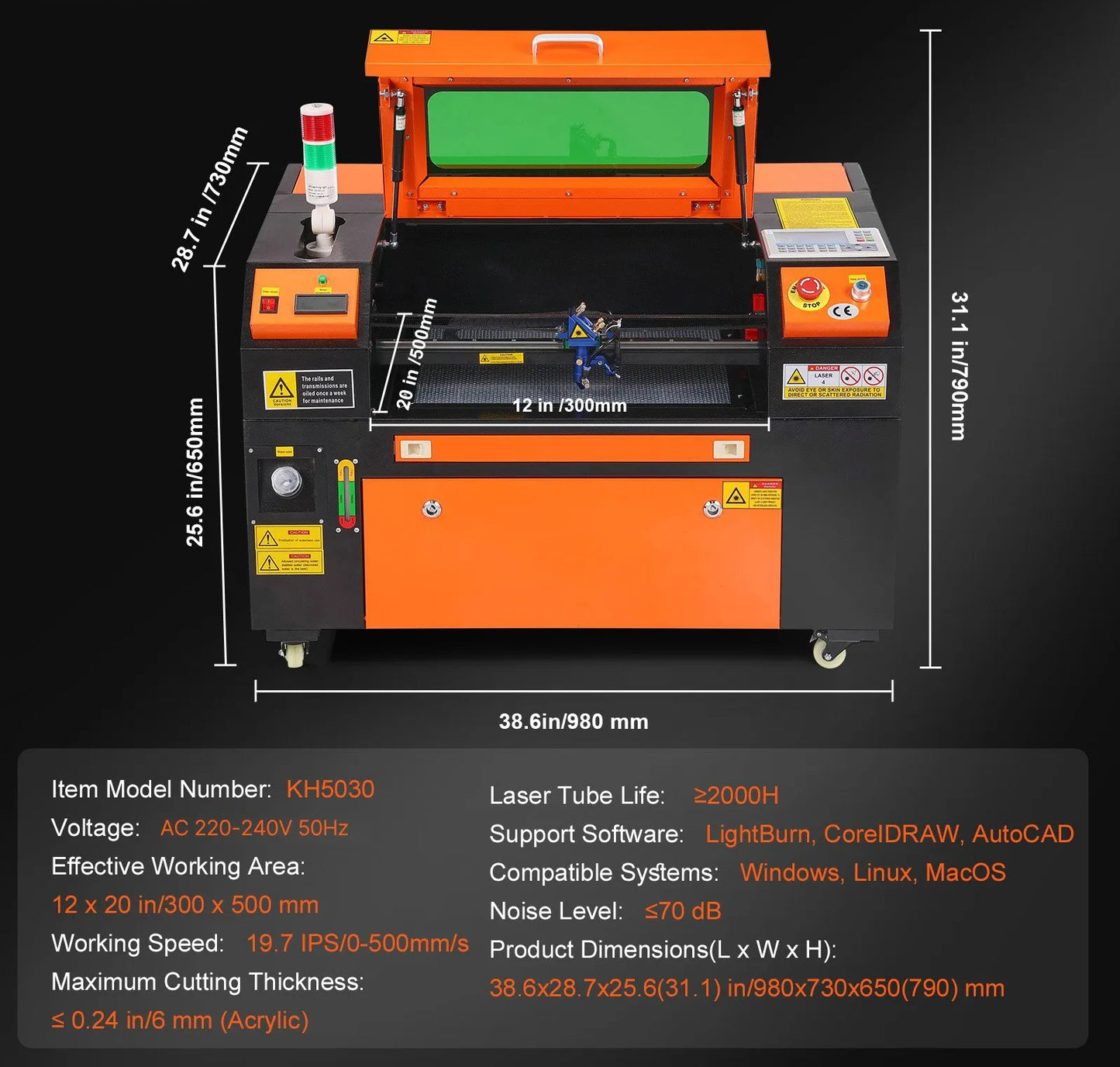 50W CO2 Laser Engraver, 30 x 51 cm(12 x 20 in), 500 mm/s(19.7 IPS) Laser Cutter Machine with 2-Way Pass Air Assist, Compatible with LightBurn, CorelDRAW, AutoCAD, Windows, Mac OS, Linux, for Wood Acrylic Fabric More