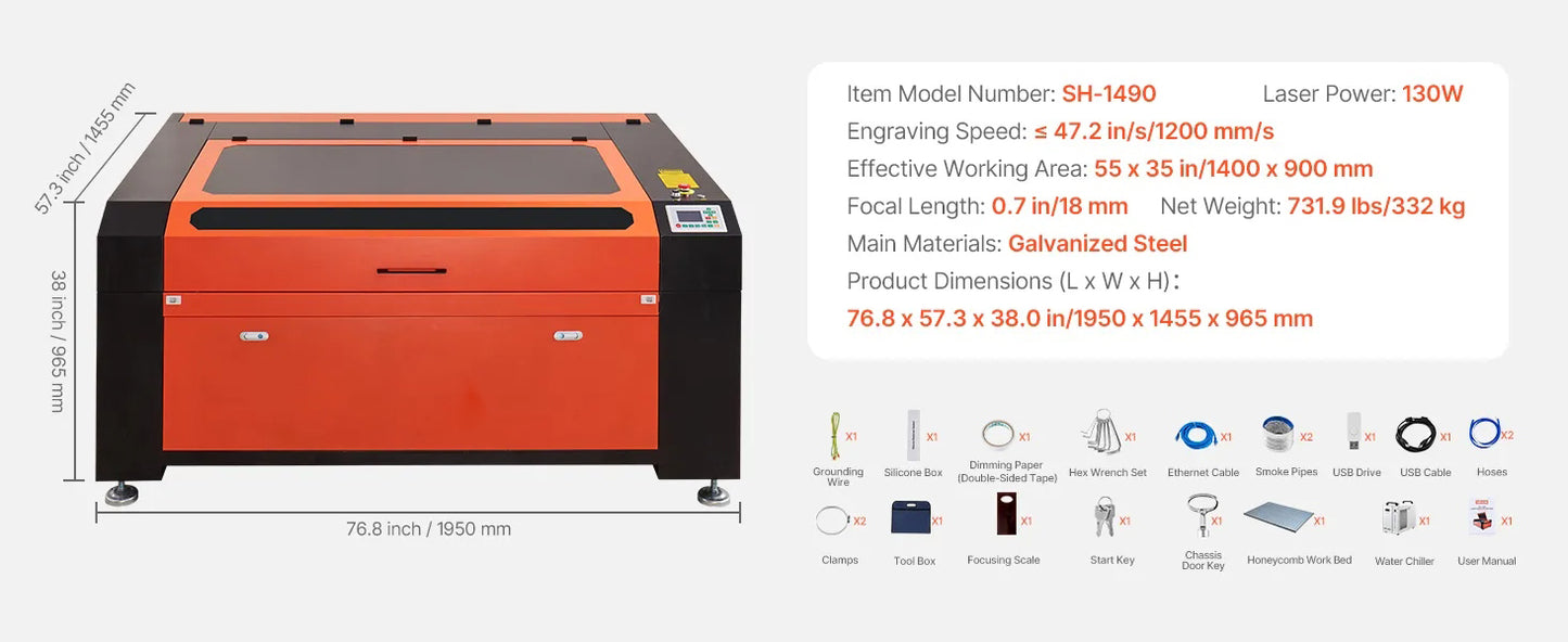 130W CO2 Laser Engraver, 1400 x 900 mm, CO2 Laser Engraver Cutter Machine with Water Chiller, 2 Way Pass Air Assist, 1200 mm/s Speed, Autofocus Engraving Cutting Machine, for Wood Acrylic Glass