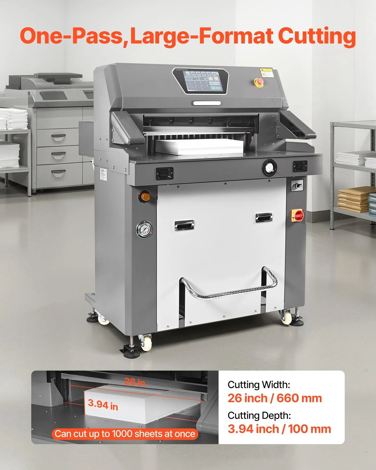 Electric Paper Cutter, Metal Hydraulic Paper Cutter Machine, 660 mm Cutting Width, 100 mm Cutting Thickness, Large Size Electric Guillotine Trimmer with Infrared Function and Spare Blade