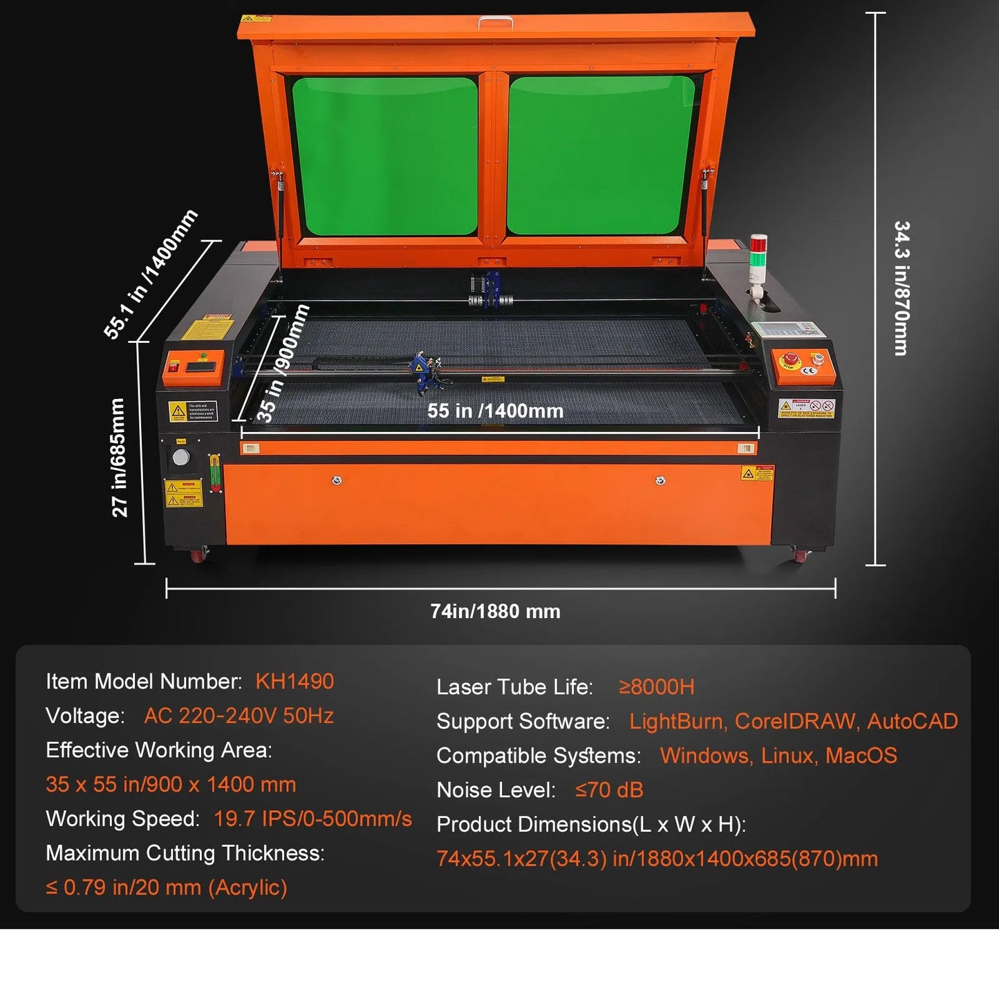 130W CO2 Laser Engraver, 89 x 140 cm(35 x 55 in), 500 mm/s(19.7 IPS) Laser Cutter Machine with 2-Way Pass Air Assist, Compatible with LightBurn, CorelDRAW, AutoCAD, Windows, Mac OS, Linux, for Wood Acrylic Fabric More