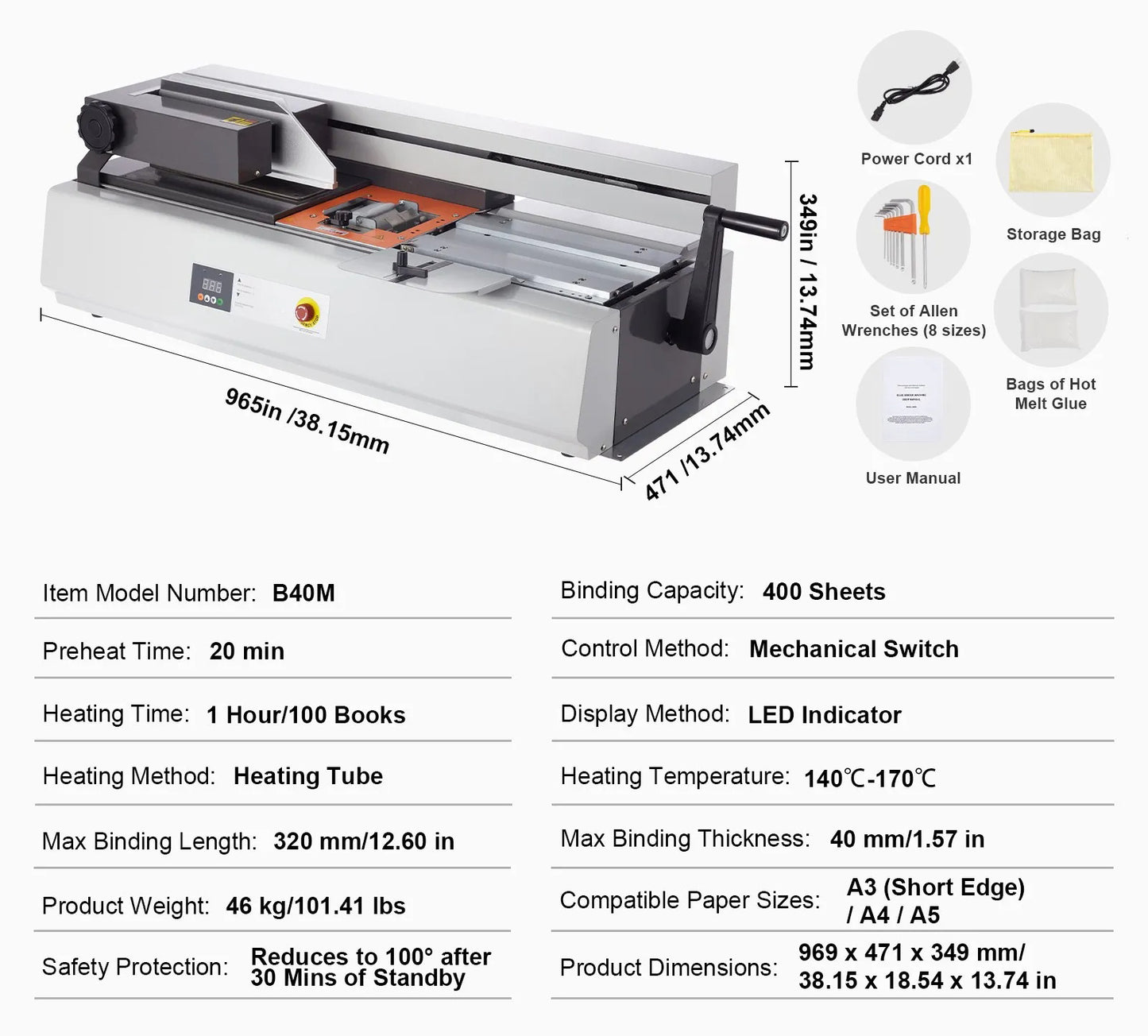 Thermal Binding Machine, 400 Sheets Capacity Hot Glue Binding Machine, Thermal Book Binder 40mm Binding Thickness A3(Short Edge)/A4/A5 Document