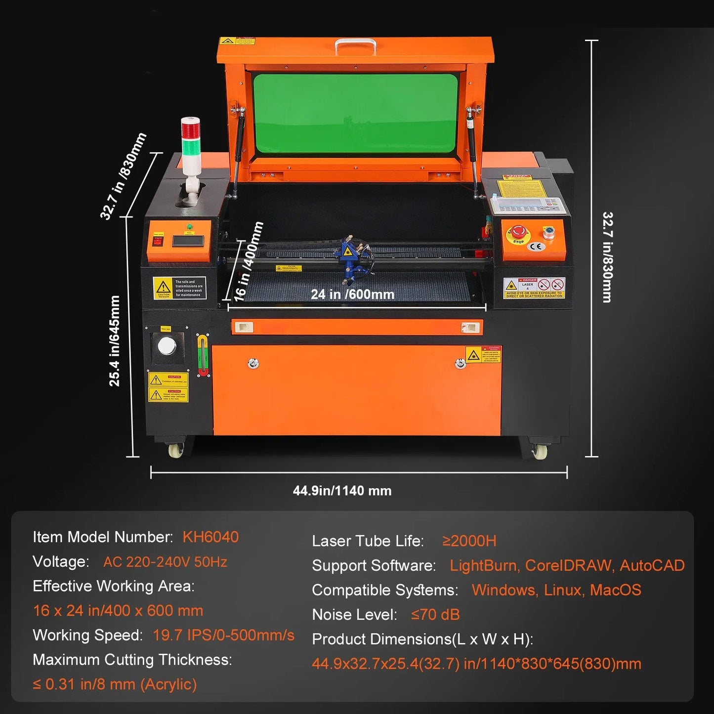60W CO2 Laser Engraver, 41 x 61 cm(16 x 24 in), 500 mm/s(19.7 IPS) Laser Cutter Machine with 2-Way Pass Air Assist, Compatible with LightBurn, CorelDRAW, AutoCAD, Windows, Mac OS, Linux, for Wood Acrylic Fabric More