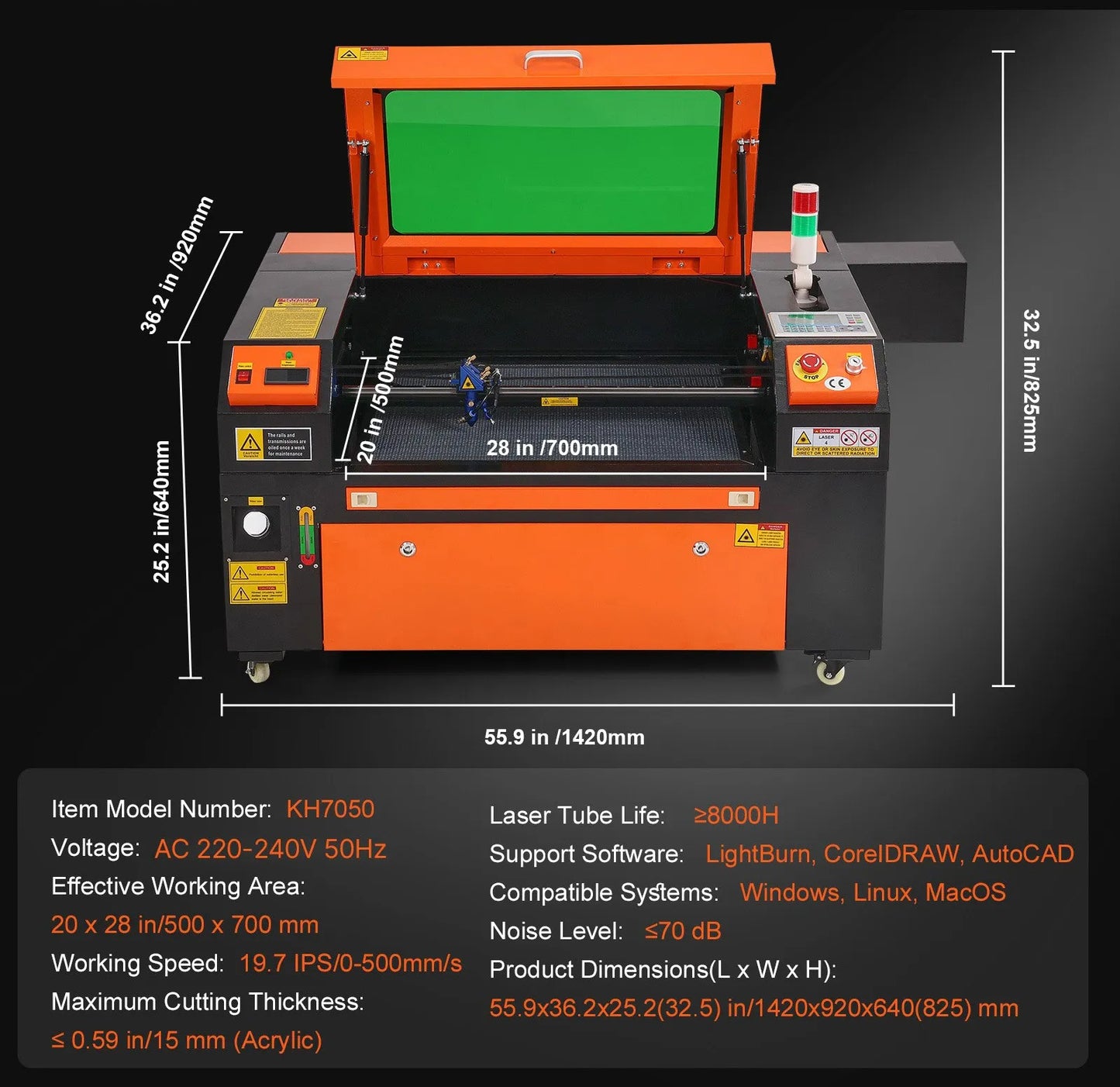 80W CO2 Laser Engraver, 51 x 71 cm(20 x 28 in), 500 mm/s(19.7 IPS) Laser Cutter Machine with 2-Way Pass Air Assist, Compatible with LightBurn, CorelDRAW, AutoCAD, Windows, Mac OS, Linux, for Wood Acrylic Fabric More