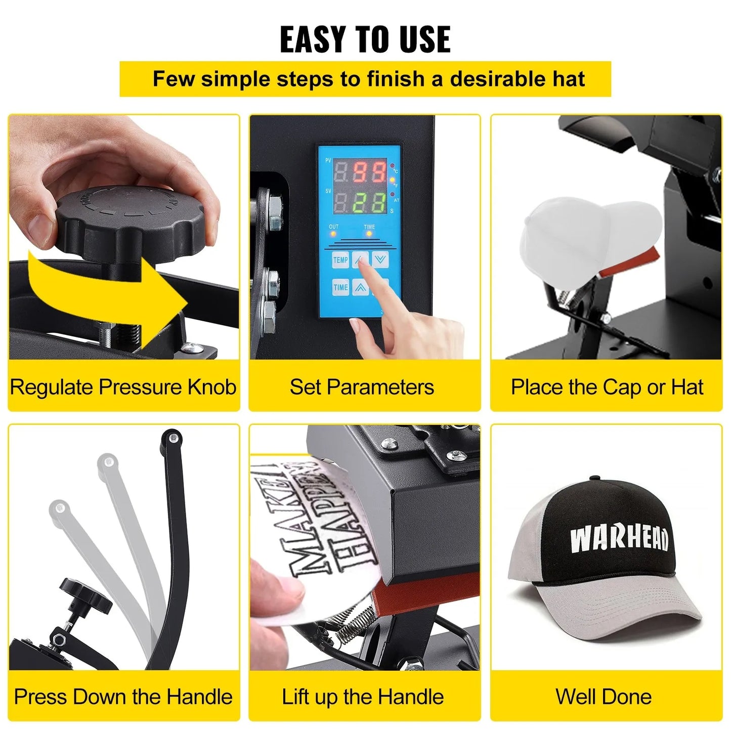 Hat Heat Press 5.5 x 3.5 inch Heat Press Machine 600W Professional Hat Heat Press Machine for Hats Caps Transfer Press Heat with 12000 Hours Life Digital LCD Timer and Temperature Control