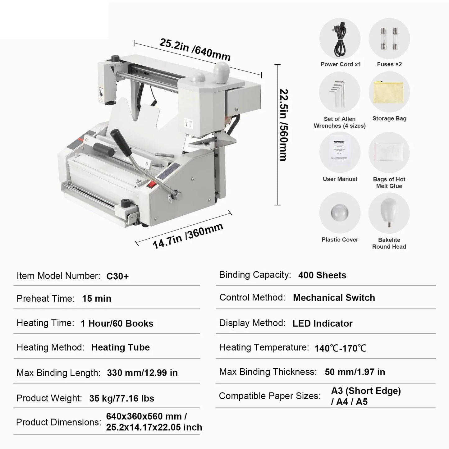 Thermal Binding Machine, 400 Sheets Capacity Hot Glue Binding Machine, Thermal Book Binder 50mm Binding Thickness A3(Short Edge)/A4/A5 Document with Milling Cutter