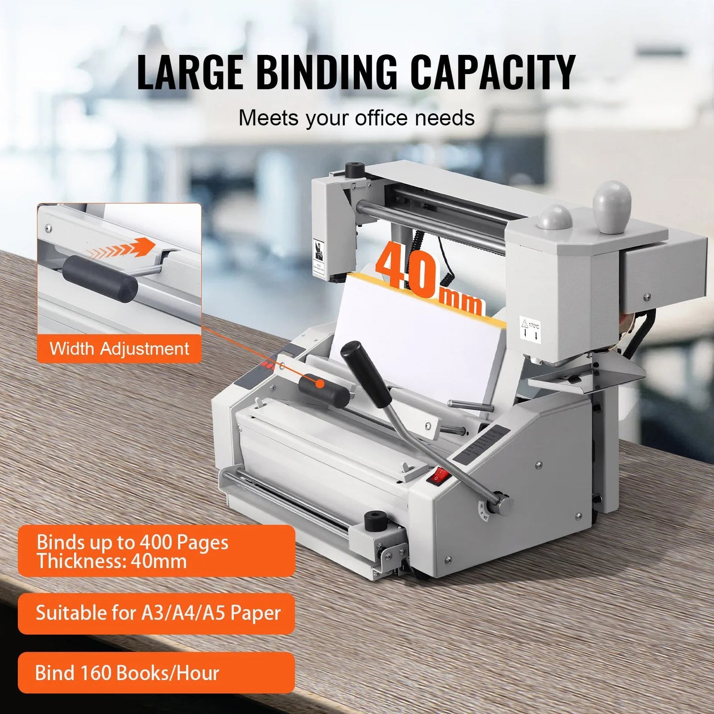 Thermal Binding Machine, 400 Sheets Capacity Hot Glue Binding Machine, Thermal Book Binder 50mm Binding Thickness A3(Short Edge)/A4/A5 Document with Milling Cutter