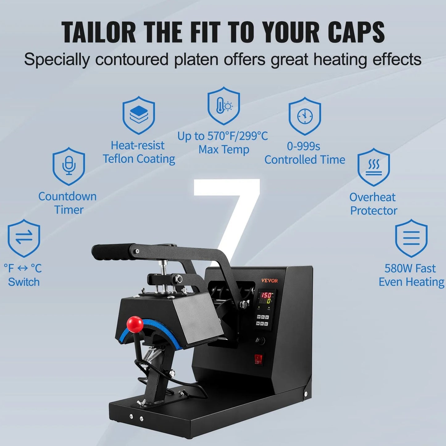 Hat Heat Press, 4-in-1 Cap Heat Press Machine, 15.24 x 7.6 cm Clamshell Sublimation Transfer, LCD Digital Timer Temperature Control with 4pcs Curved Heating Elements (15.24 x 7.6/17x6.86/17x6.86/20.57x8.89 cm)