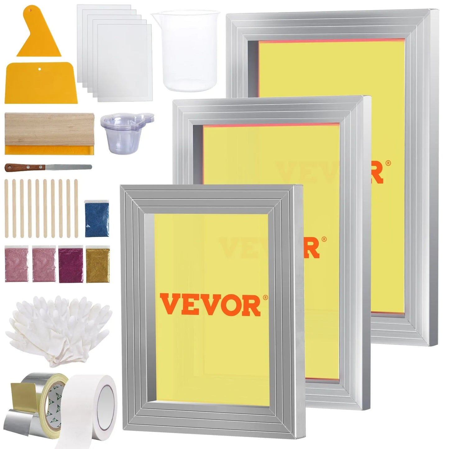 Screen Printing Kit, 3 Pieces Aluminum Silk Screen Printing Frames 6x10/8x12/10x14inch 110 Count Mesh, 5 Glitters and Screen Printing Squeegees and Transparency Films for T-shirts DIY Printing