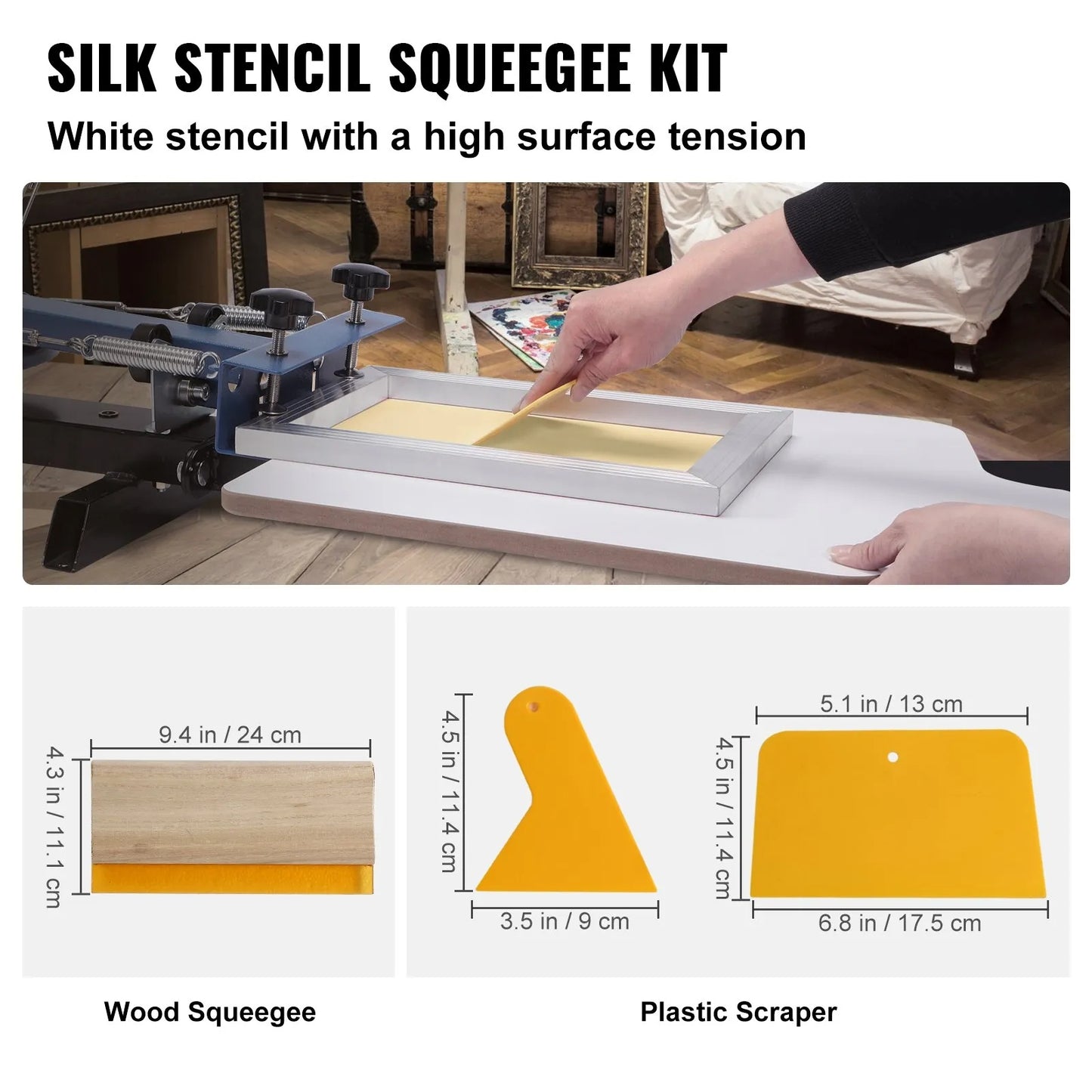 Screen Printing Kit, 3 Pieces Aluminum Silk Screen Printing Frames 6x10/8x12/10x14inch 110 Count Mesh, 5 Glitters and Screen Printing Squeegees and Transparency Films for T-shirts DIY Printing
